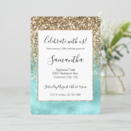 Convites Turquesa Aqua Dourado Glitter Sparkle