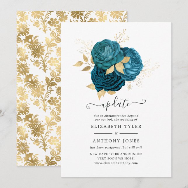 Convites Turquesa - Atualização de Casamento Floral Dourado (Frente/Verso)