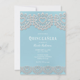 Convites Turquesa Azul Branco Renda Festa Quinceañera Coraç