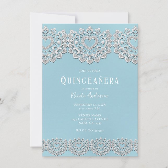 Convites Turquesa Azul Branco Renda Festa Quinceañera Coraç (Frente)