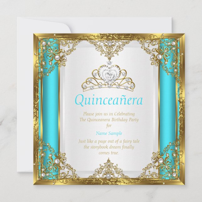 Convites Turquesa Azul Dourado Branco Pérola Princesa Quinc (Frente)