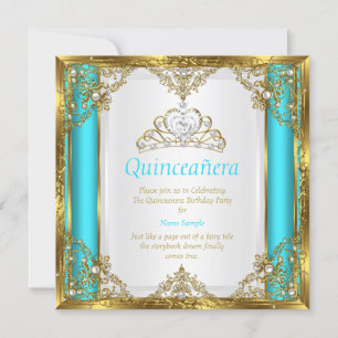 Convites Turquesa Azul Dourado Branco Pérola Princesa Quinc