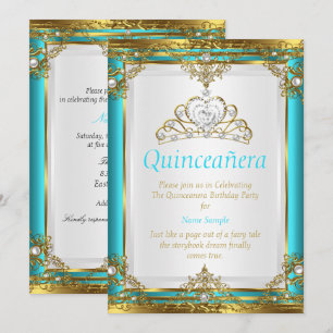 Convites Turquesa Azul Dourado Branco Pérola Princesa Quinc