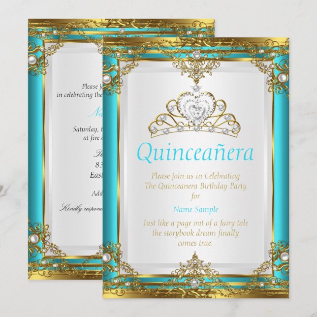 Convites Turquesa Azul Dourado Branco Pérola Princesa Quinc (Frente/Verso)
