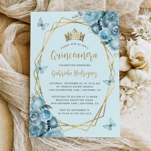 Convites Turquesa Azul Dourado Geométrico Floral Quinceañer