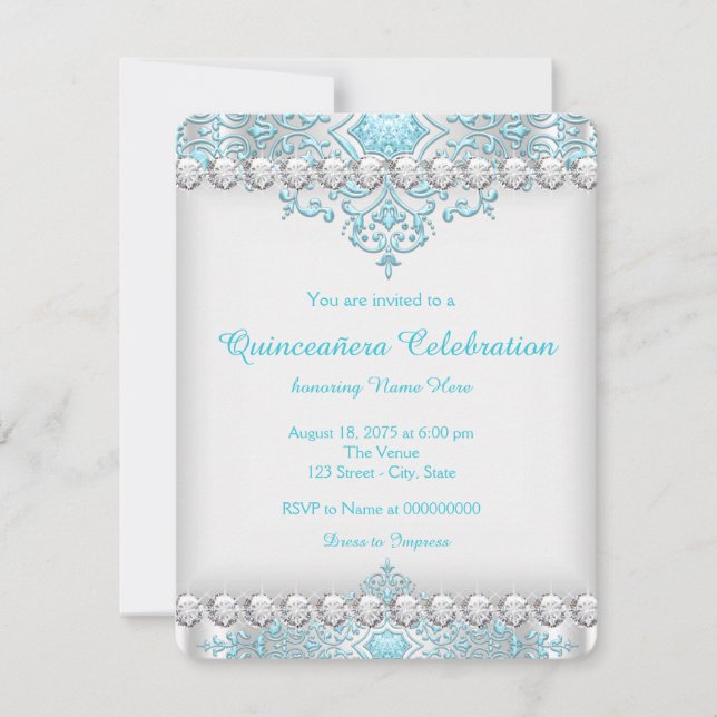 Convites Turquesa Azul e Diamante Prata Quinceañera (Frente)