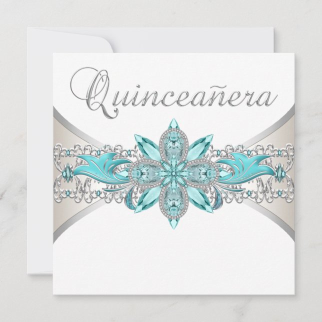 Convites Turquesa Azul e Prata Quinceanera (Frente)