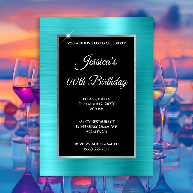 Convites Turquesa Azul Folha Prata e Preto Aniversário (Turquoise Blue Foil Silver and Black Any Year Invite)