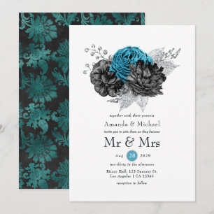 Convites Turquesa - Azul-marinho Preto e Casamento Floral P