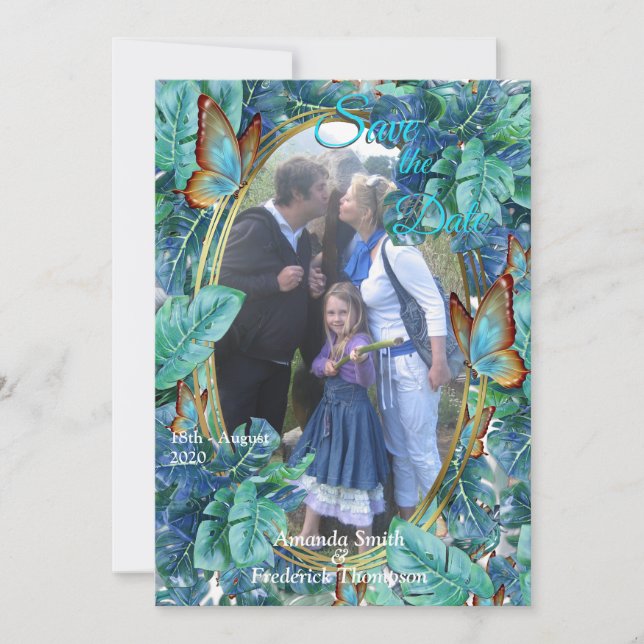 Convites Turquesa Azul Monstera Folhas e Borboletas (Frente)