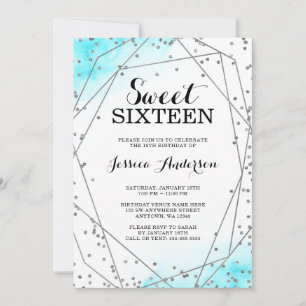 Convites Turquesa Azul Prata Glitter Geométrico Sweet 16