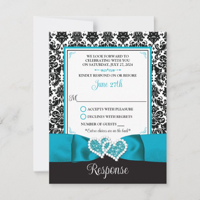 Convites Turquesa, Black Damask Love Hearts RSVP Card (Frente)