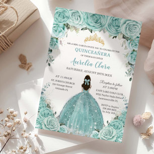 Convites Turquesa Blue Floral Princesa Dourada Quinceañera