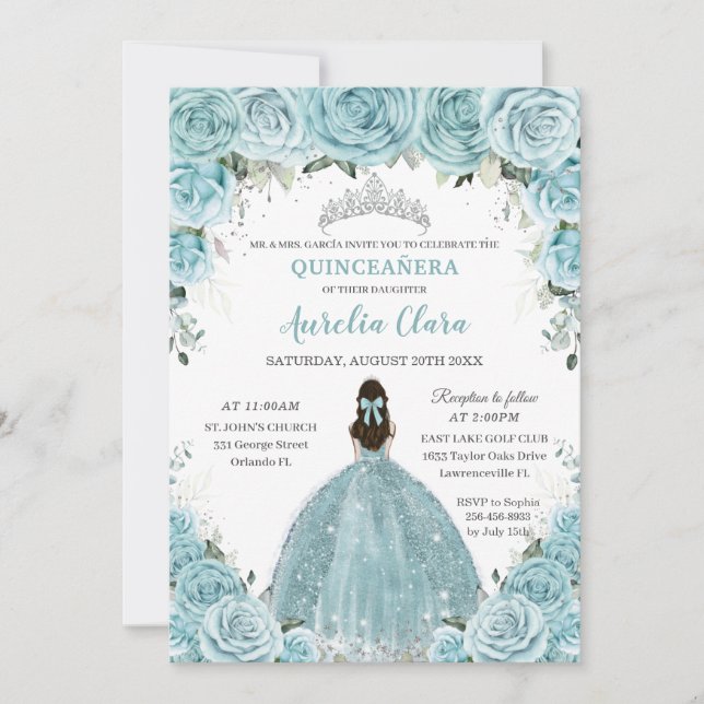 Convites Turquesa Blue Floral Princesa Silver Quinceañera (Frente)