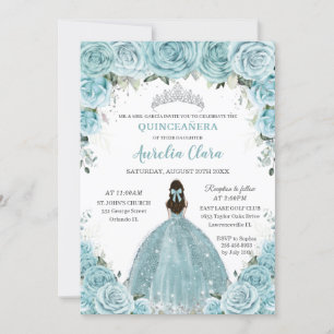 Convites Turquesa Blue Floral Princesa Silver Quinceañera