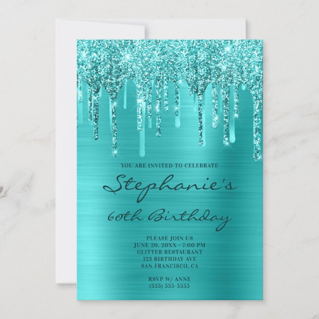 Convites Turquesa Blue Glitter Foil Drip 60th Birthday (Frente)