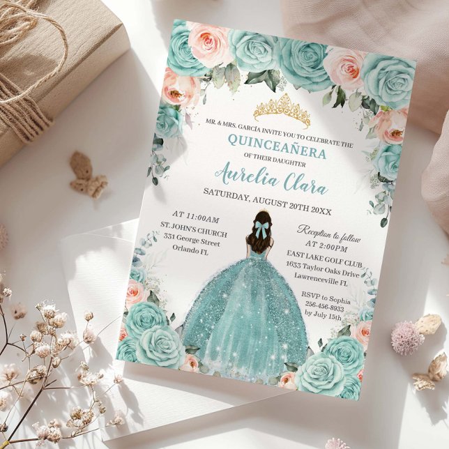 Convites Turquesa Blush Princesa Floral Dourada Quinceañera (soft-turquoise-blue-blush-floral-princess-tiara-gold-Quinceañera-15th-sweet-16-birthday-party-invite)