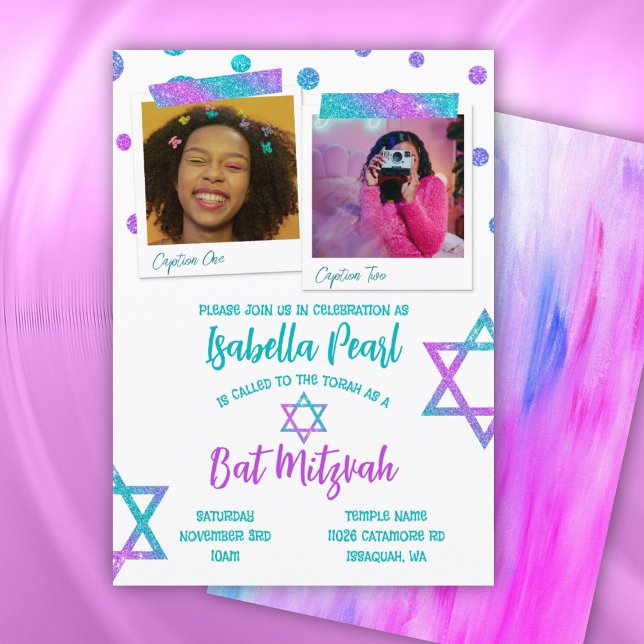 Convites Turquesa, Bolinhas Rosa Quente, Bat Mitzvah (pink glitter bat mitzvah invitation with polka dots and star of david, cute photo collage turquoise)