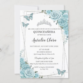 Convites Turquesa Borboletas Florais Silver Quinceañera
