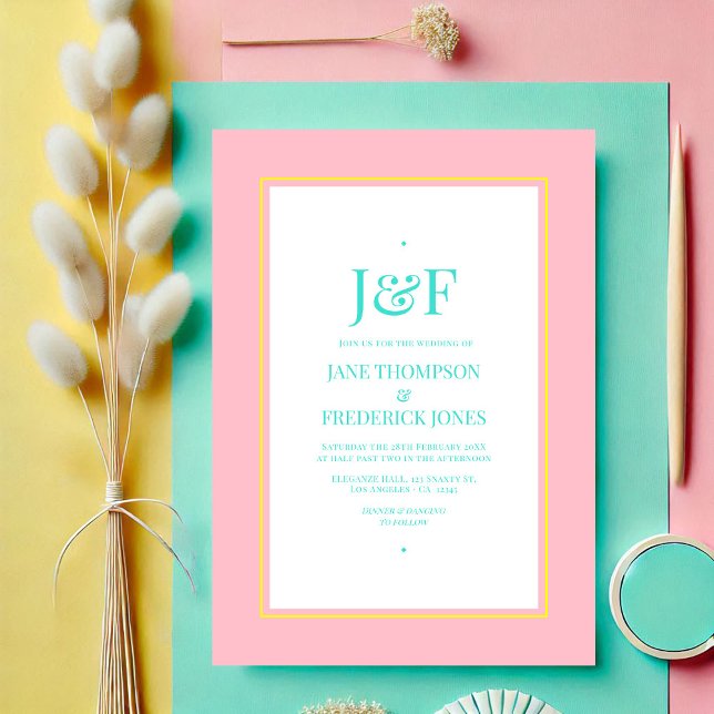 Convites Turquesa, Casamento Amarelo e Rosa (Turquoise, Yellow and Pink Wedding Invitation)