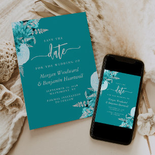 Convites Turquesa Casamento Floral de Prata Save the Date