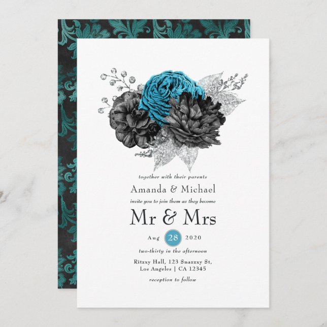 Convites Turquesa - Casamento Floral de Teal Black e Silver (Frente/Verso)