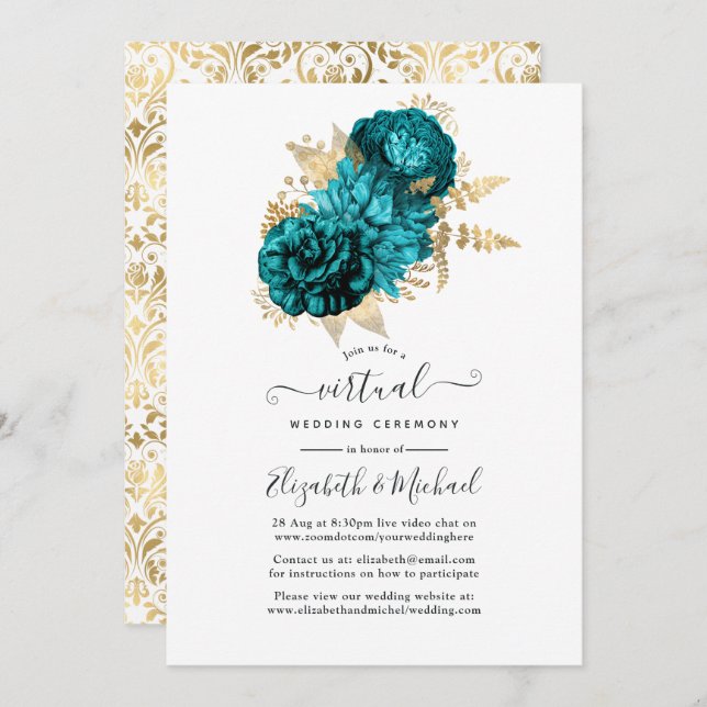 Convites Turquesa - Casamento Floral Dourado e Teal (Frente/Verso)