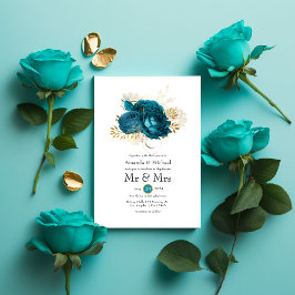 Convites Turquesa - Casamento Floral Dourado e Teal