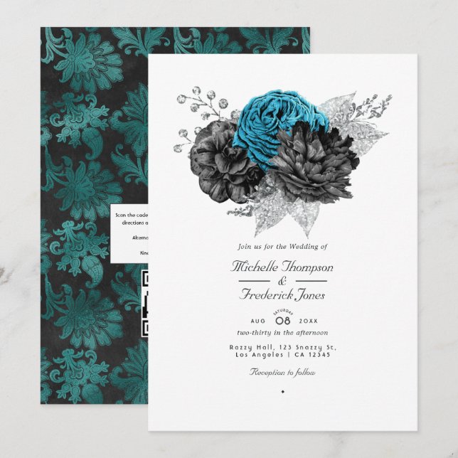 Convites Turquesa - Casamento Floral Preto e Prata (Frente/Verso)