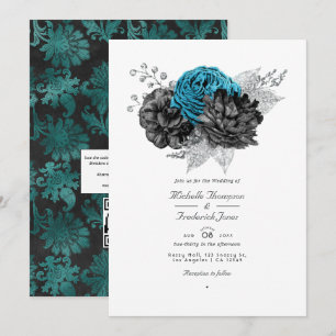 Convites Turquesa - Casamento Floral Preto e Prata