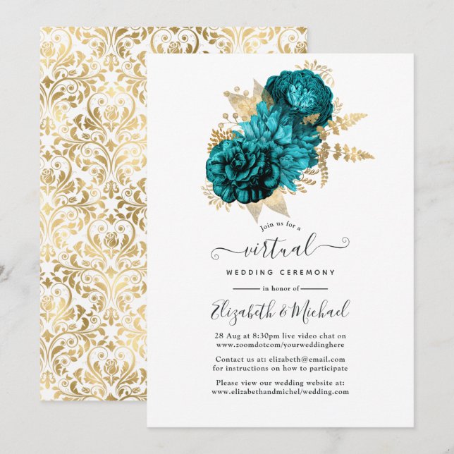 Convites Turquesa - Casamento Floral Turquesa e Dourado (Frente/Verso)