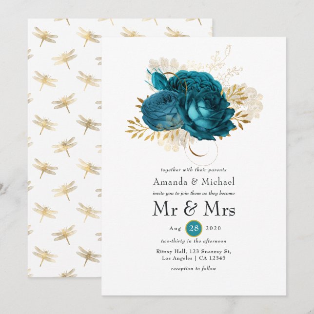 Convites Turquesa - Casamento Floral Turquesa e Dourado (Frente/Verso)