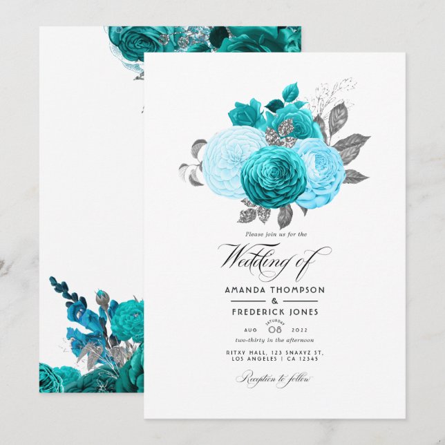 Convites Turquesa - Casamento Floral Turquesa e Prata (Frente/Verso)