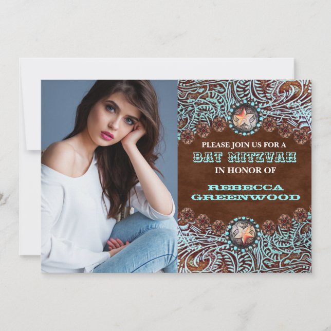 Convites Turquesa castanho-ocidental BAT MITZVAH (Frente)