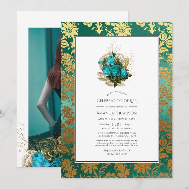 Convites Turquesa - Celebração de Vida Floral em Turquesa e (Frente/Verso)