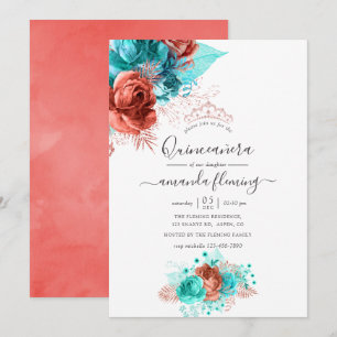Convites Turquesa & Coral Aquarela Floral Quinceañera