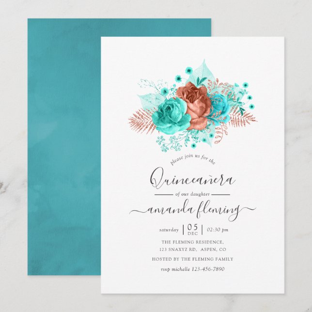 Convites Turquesa & Coral Aquarela Quinceañera (Frente/Verso)