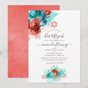 Convites Turquesa & Coral Floral em Aquarela Bat Mitzvah