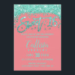 Convites Turquesa de Coral Whimsical Doce 16<br><div class="desc">Este design de convite 16 original e exclusivo apresenta poeira brilhante verde turquesa verde-densa moderna, cinzenta e cinzenta impressa, com tipografia de brilho de pincelada personalizada sobre um simples fundo rosa-coral. Este convite fantástico e glamouroso vai abater seus convidados e ser o perfeito elogio pela festa de aniversário bonito e...</div>