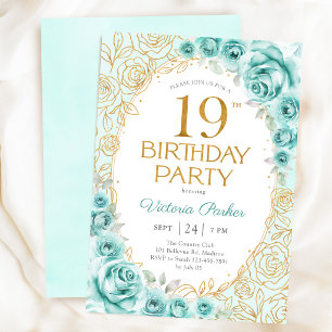 Convites Turquesa Dourada Aniversário de 19 anos Floral