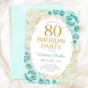Convites Turquesa Dourada Aniversário de 80 anos Floral