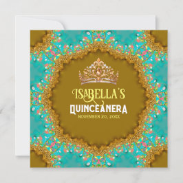 Convites Turquesa Dourada Satin Lace e Tiara Quinceañera