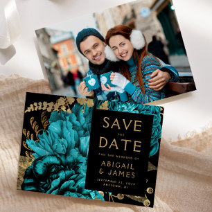 Convites Turquesa Dourado Floral Foto Casamento Salve a Dat