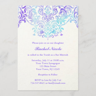 Convites Turquesa e bastão roxo Mitzvah do damasco da