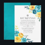 Convites Turquesa e Bat Floral Amarelo Mitzvah<br><div class="desc">Turquesa e amarela - o chá e o bastão floral de limão mitzvah convite com sotaques de coral com flores aquarelle e folhagem.</div>