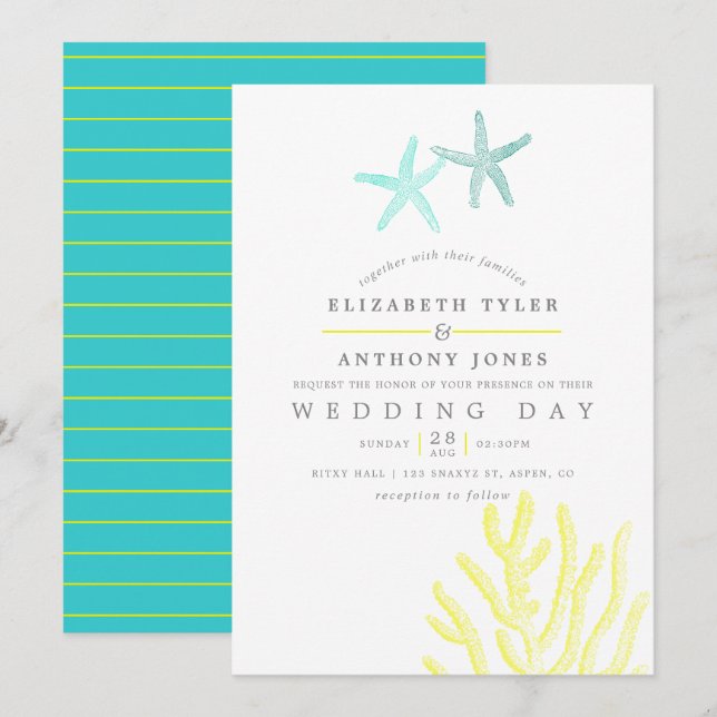 Convites Turquesa e Casamento de Praia Amarelo (Frente/Verso)