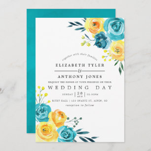 Convites Turquesa e Casamento Floral Amarelo