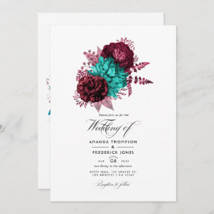 Convites Turquesa e Casamento Floral Burgundy