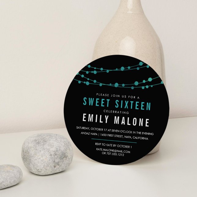 Convites Turquesa e Confetti Garland Negro Doce Dezesseis (Criador carregado)