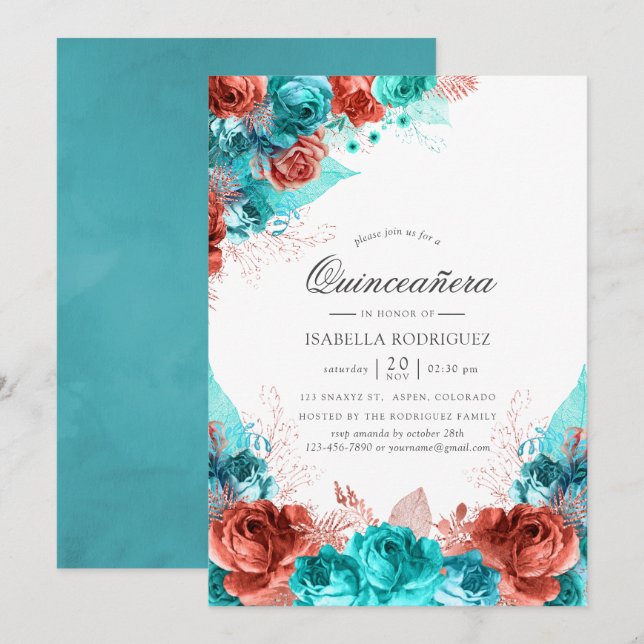 Convites Turquesa e Coral Quinceañera Floral Rústica (Frente/Verso)